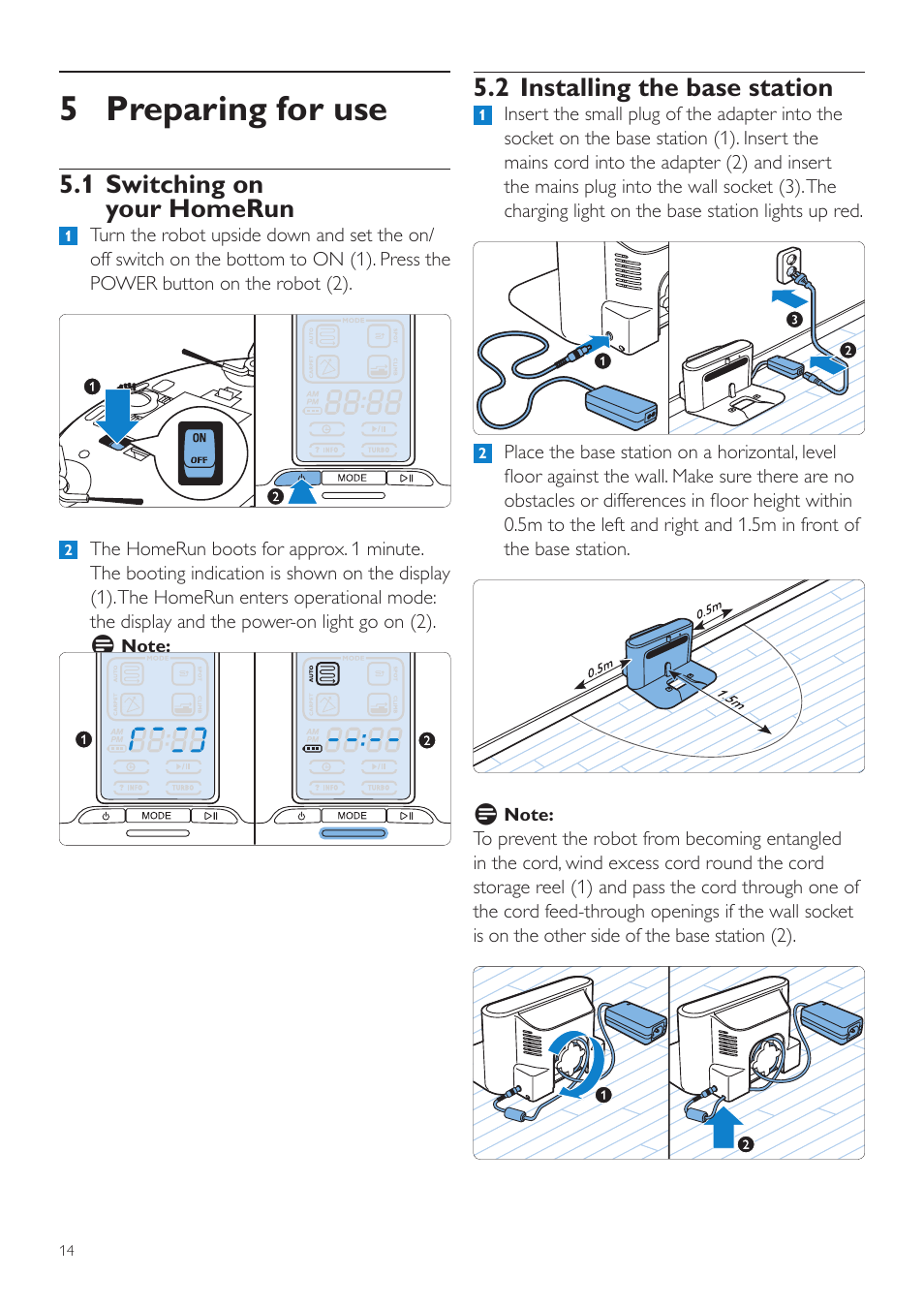 5 preparing for use, 2 installing the base station, 1 switching on your homerun | Philips Aspirateur-robot User Manual | Page 14 / 262