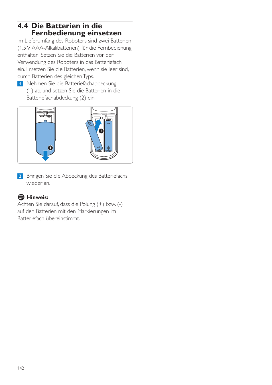 4 die batterien in die fernbedienung einsetzen | Philips Aspirateur-robot User Manual | Page 142 / 262