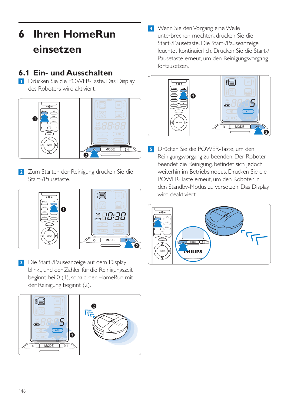 6 ihren homerun einsetzen, 1 ein- und ausschalten | Philips Aspirateur-robot User Manual | Page 146 / 262