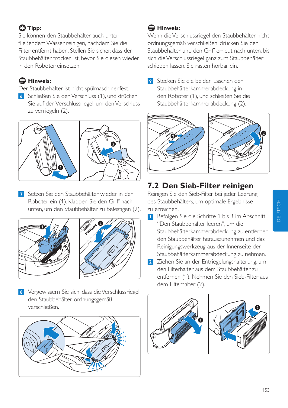 2 den sieb-filter reinigen | Philips Aspirateur-robot User Manual | Page 153 / 262