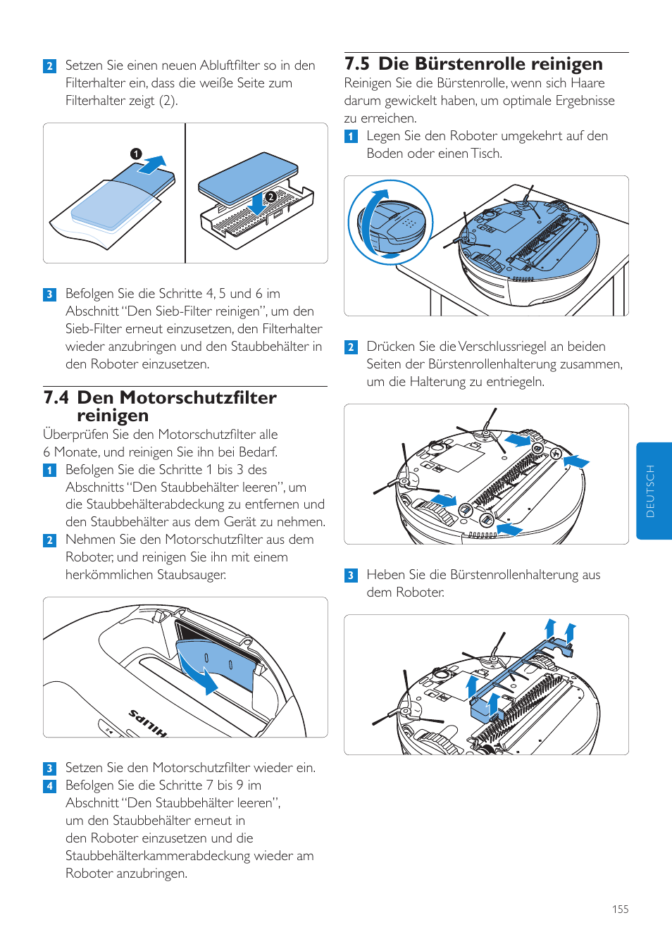 5 die bürstenrolle reinigen, 4 den motorschutzfilter reinigen | Philips Aspirateur-robot User Manual | Page 155 / 262