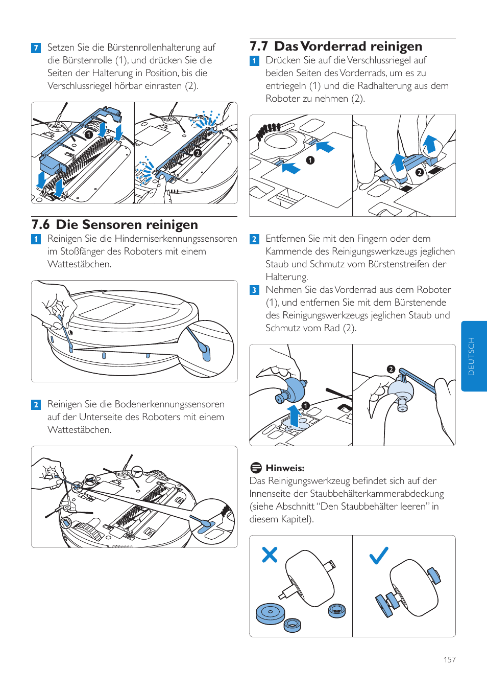 6 die sensoren reinigen, 7 das vorderrad reinigen | Philips Aspirateur-robot User Manual | Page 157 / 262