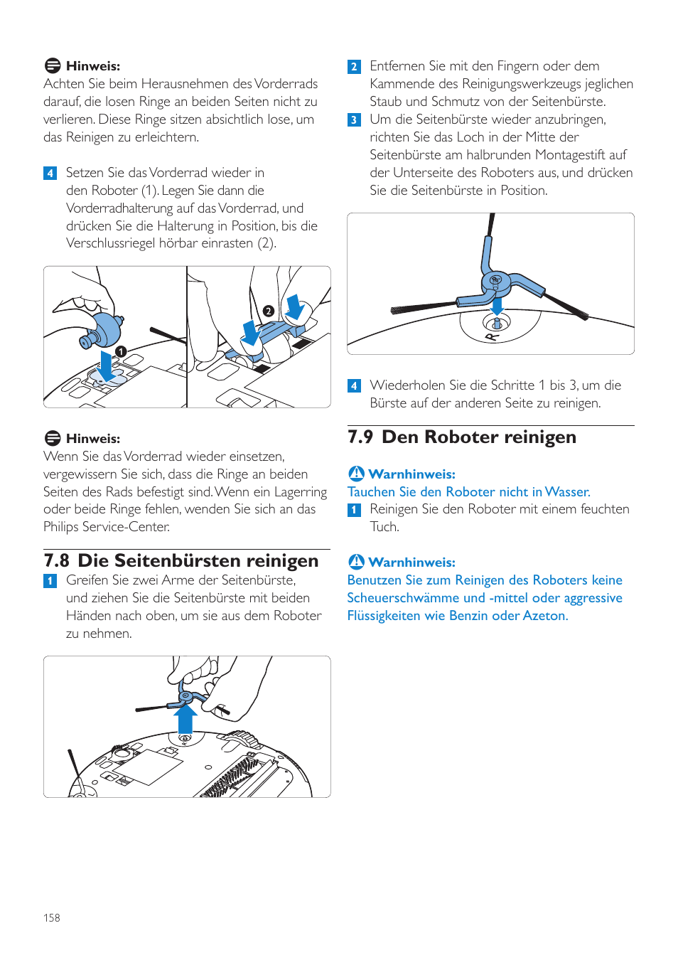9 den roboter reinigen, 8 die seitenbürsten reinigen | Philips Aspirateur-robot User Manual | Page 158 / 262