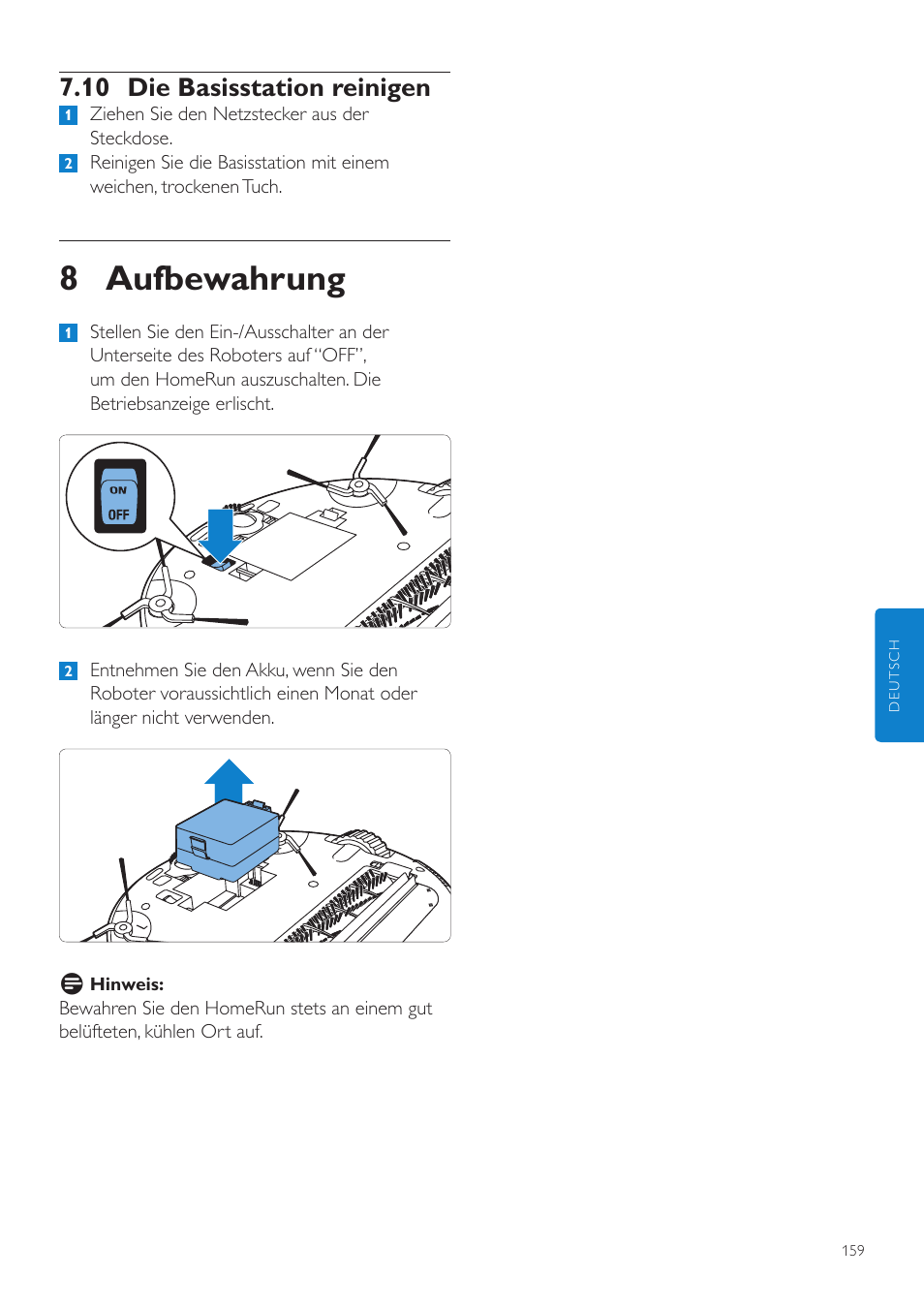8 aufbewahrung, 10 die basisstation reinigen | Philips Aspirateur-robot User Manual | Page 159 / 262