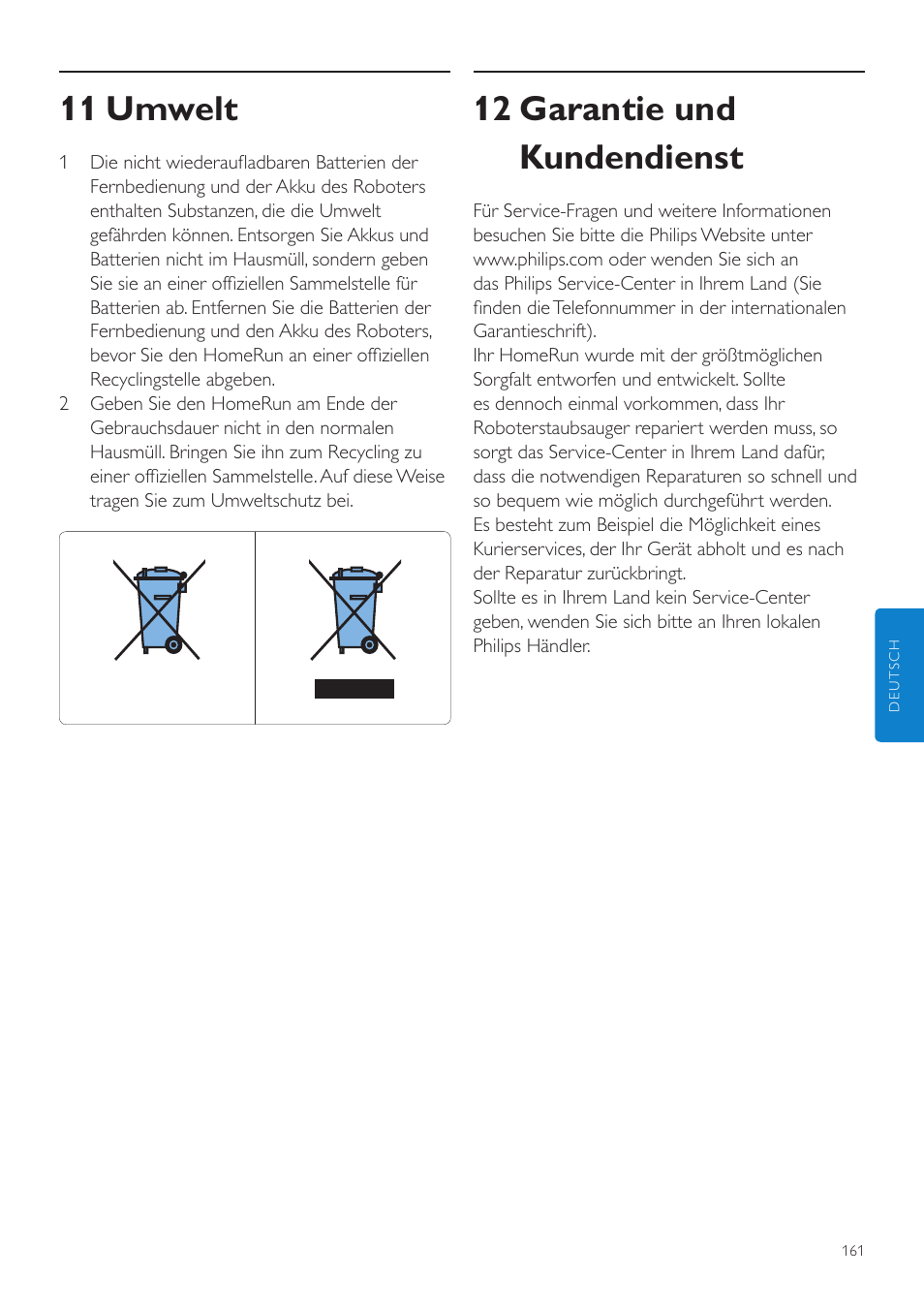 11 umwelt, 12 garantie und kundendienst | Philips Aspirateur-robot User Manual | Page 161 / 262