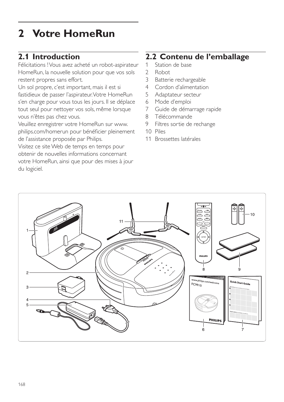 2 votre homerun, 2 contenu de l’emballage, 1 introduction | Philips Aspirateur-robot User Manual | Page 168 / 262