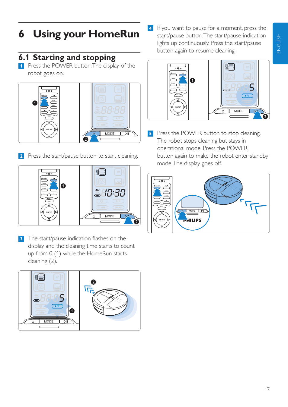 6 using your homerun, 1 starting and stopping | Philips Aspirateur-robot User Manual | Page 17 / 262