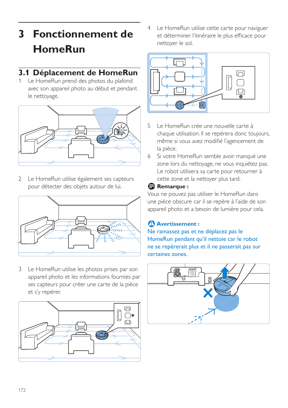 3 fonctionnement de homerun, 1 déplacement de homerun | Philips Aspirateur-robot User Manual | Page 172 / 262