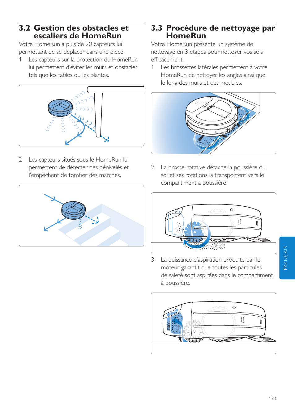 3 procédure de nettoyage par homerun, 2 gestion des obstacles et escaliers de homerun | Philips Aspirateur-robot User Manual | Page 173 / 262