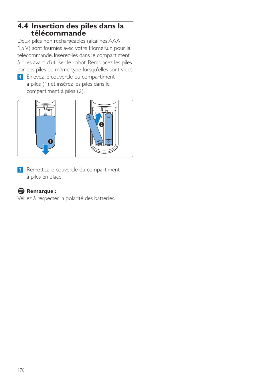 4 insertion des piles dans la télécommande | Philips Aspirateur-robot User Manual | Page 176 / 262