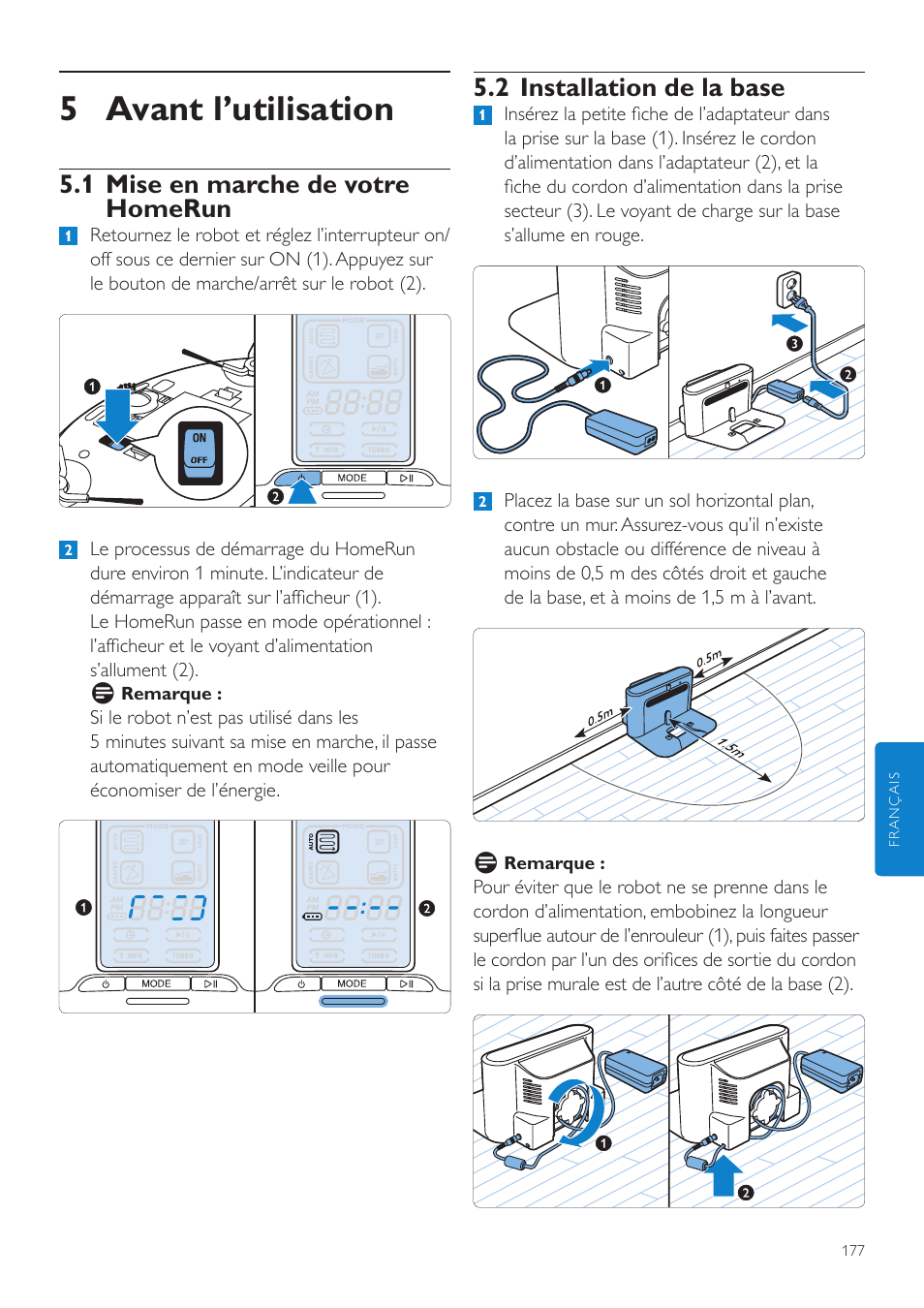 5 avant l’utilisation, 2 installation de la base, 1 mise en marche de votre homerun | Philips Aspirateur-robot User Manual | Page 177 / 262