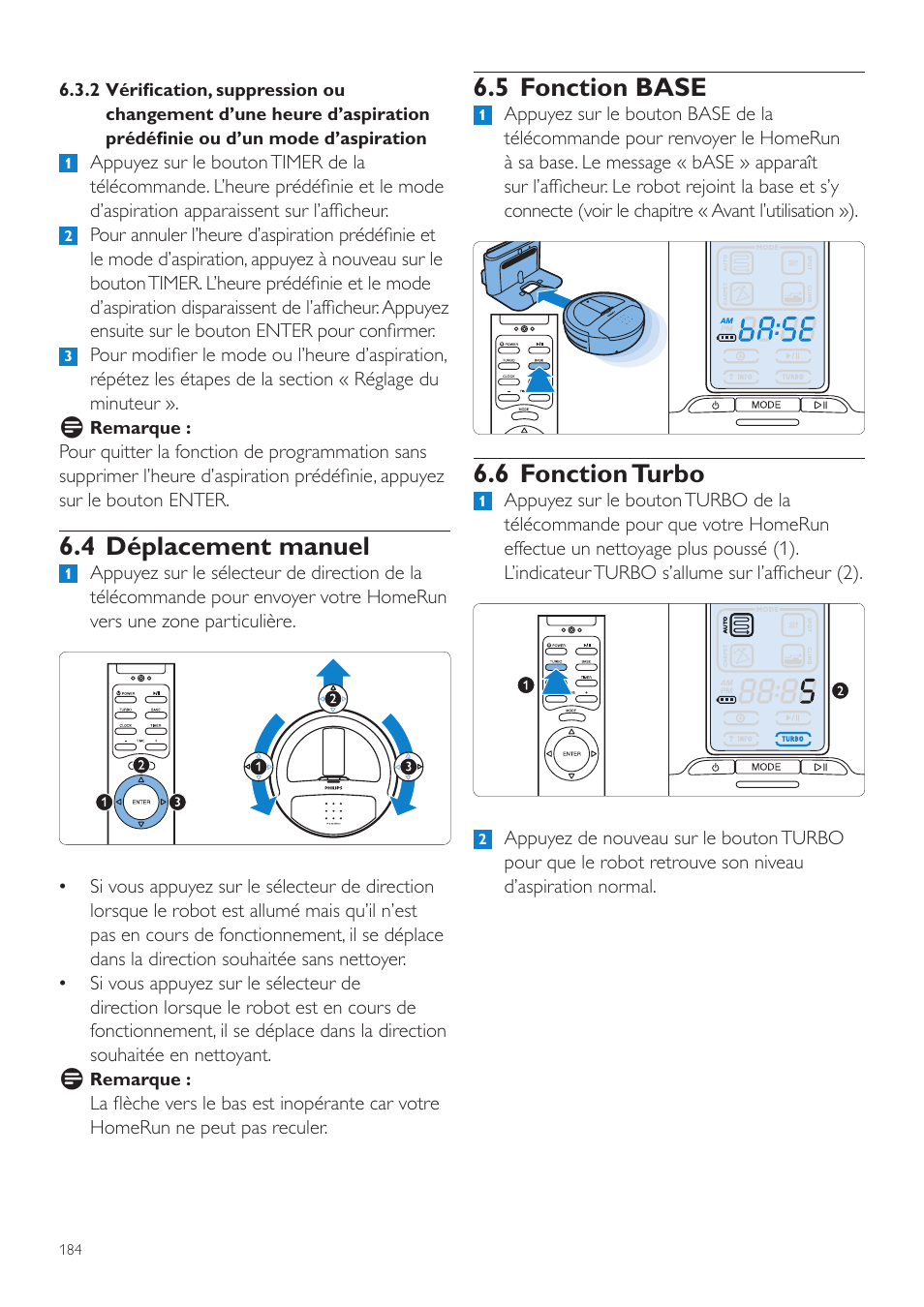 5 fonction base, 6 fonction turbo, 4 déplacement manuel | Philips Aspirateur-robot User Manual | Page 184 / 262