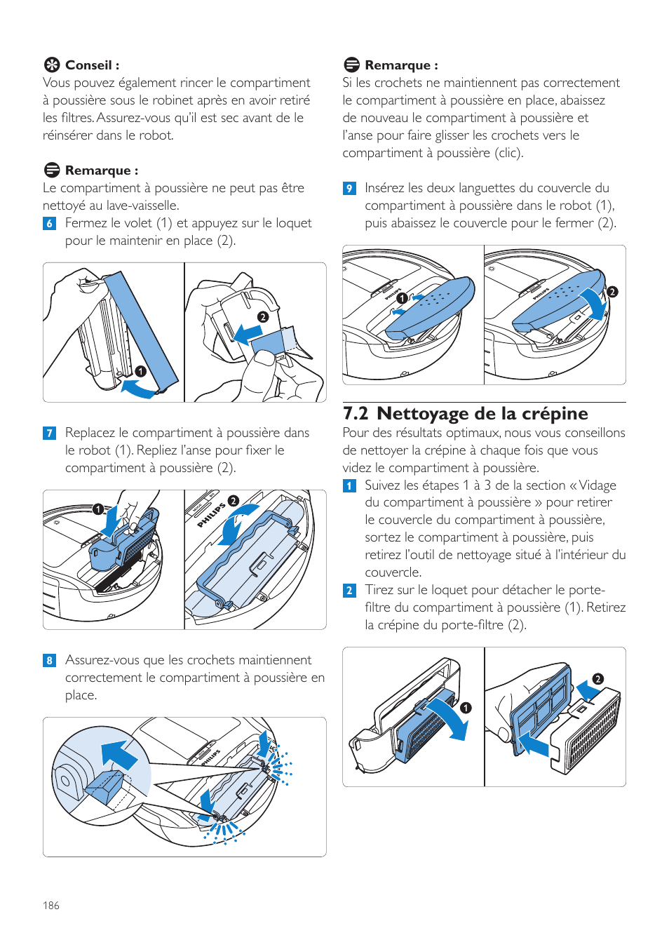 2 nettoyage de la crépine | Philips Aspirateur-robot User Manual | Page 186 / 262