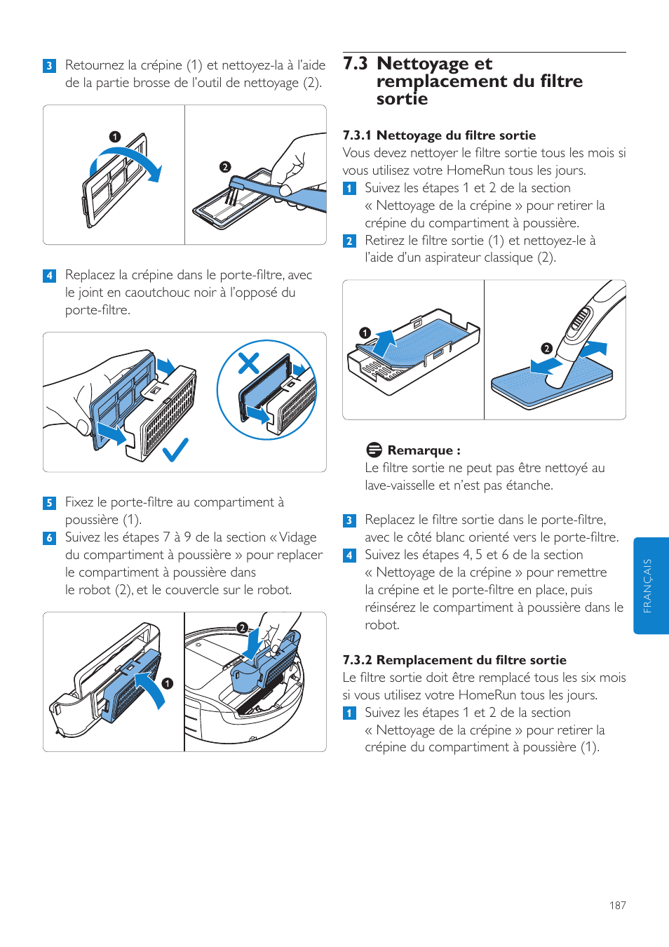 3 nettoyage et remplacement du filtre sortie | Philips Aspirateur-robot User Manual | Page 187 / 262