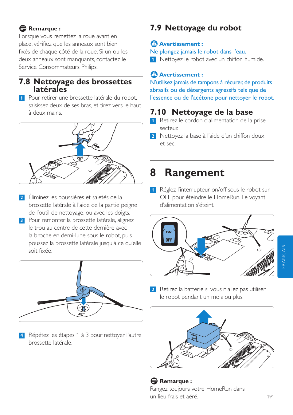 8 rangement, 8 nettoyage des brossettes latérales, 9 nettoyage du robot | 10 nettoyage de la base | Philips Aspirateur-robot User Manual | Page 191 / 262