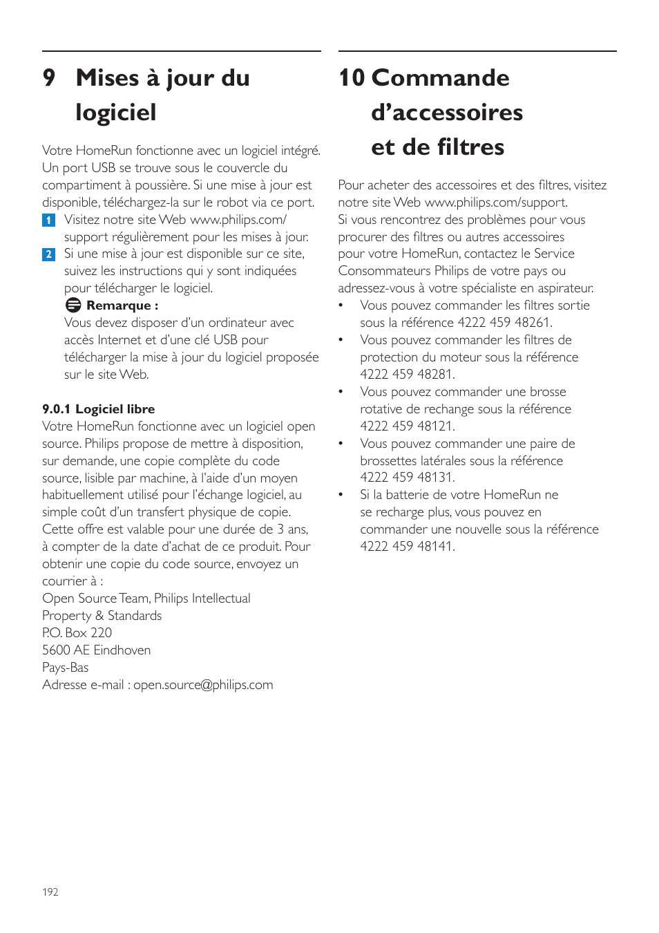 9 mises à jour du logiciel, 10 commande d’accessoires et de filtres | Philips Aspirateur-robot User Manual | Page 192 / 262