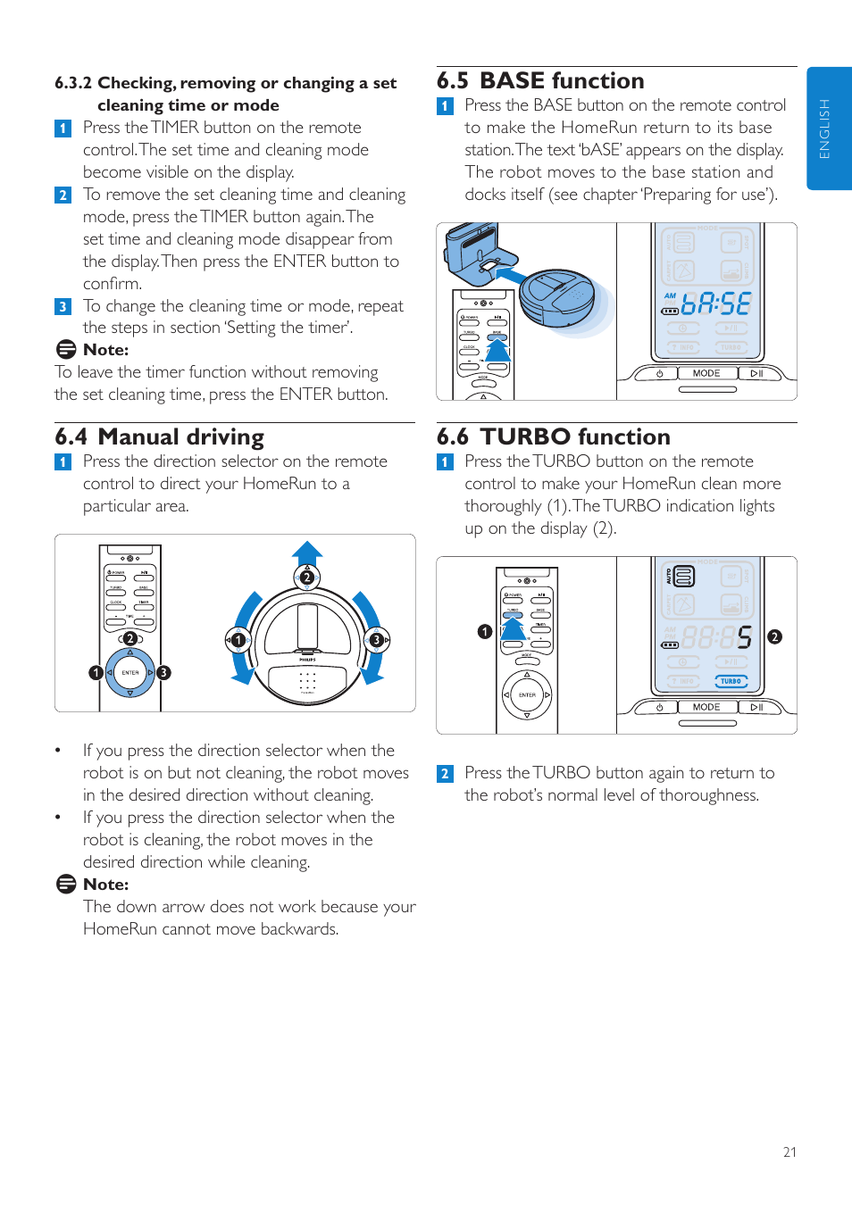 5 base function, 6 turbo function, 4 manual driving | Philips Aspirateur-robot User Manual | Page 21 / 262