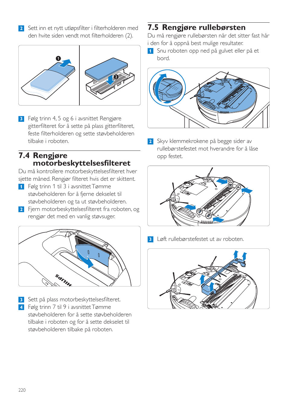 5 rengjøre rullebørsten, 4 rengjøre motorbeskyttelsesfilteret | Philips Aspirateur-robot User Manual | Page 220 / 262