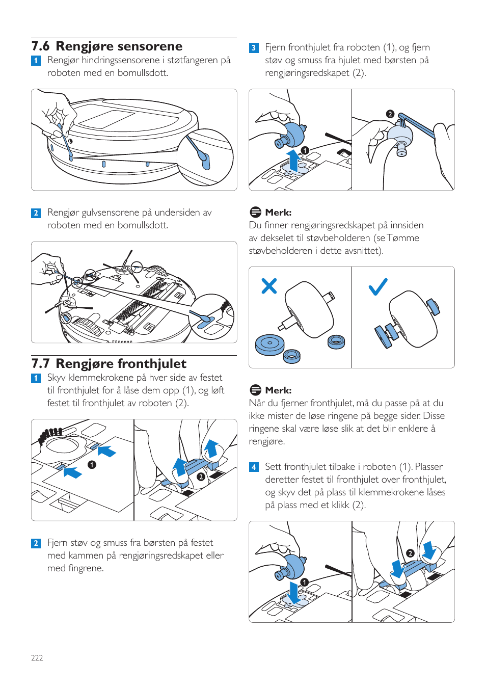 6 rengjøre sensorene, 7 rengjøre fronthjulet | Philips Aspirateur-robot User Manual | Page 222 / 262