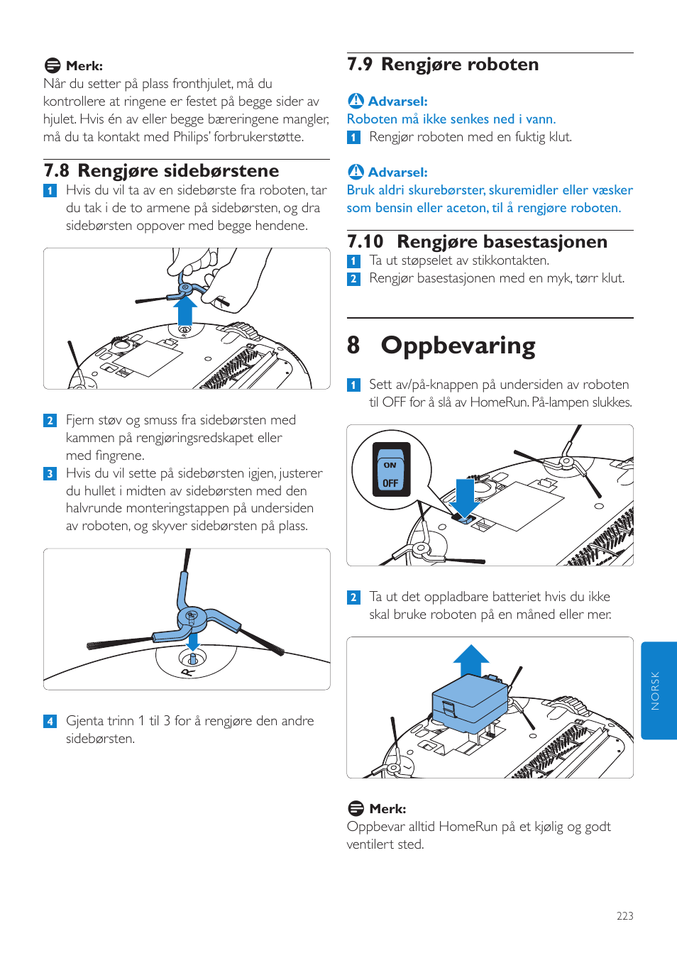 8 oppbevaring, 9 rengjøre roboten, 10 rengjøre basestasjonen | 8 rengjøre sidebørstene | Philips Aspirateur-robot User Manual | Page 223 / 262