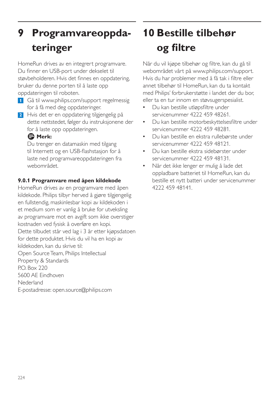 9 programvareoppda- teringer, 10 bestille tilbehør og filtre | Philips Aspirateur-robot User Manual | Page 224 / 262