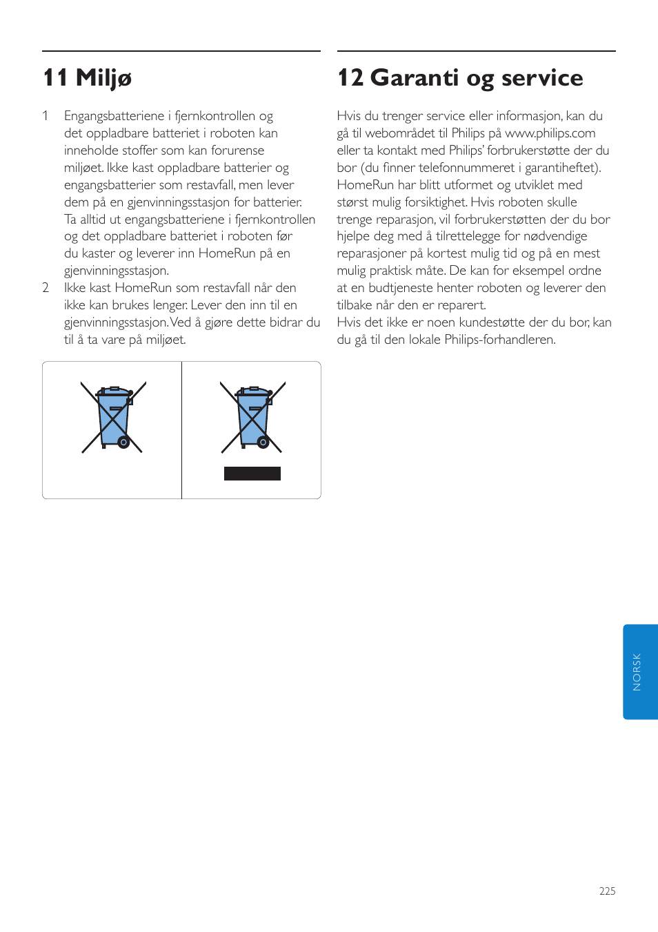 11 miljø, 12 garanti og service | Philips Aspirateur-robot User Manual | Page 225 / 262