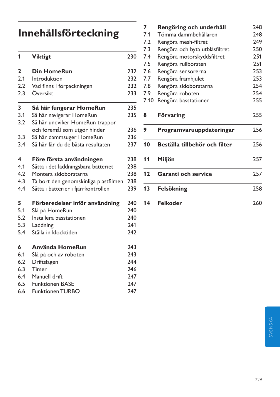 Svenska, Innehållsförteckning | Philips Aspirateur-robot User Manual | Page 229 / 262