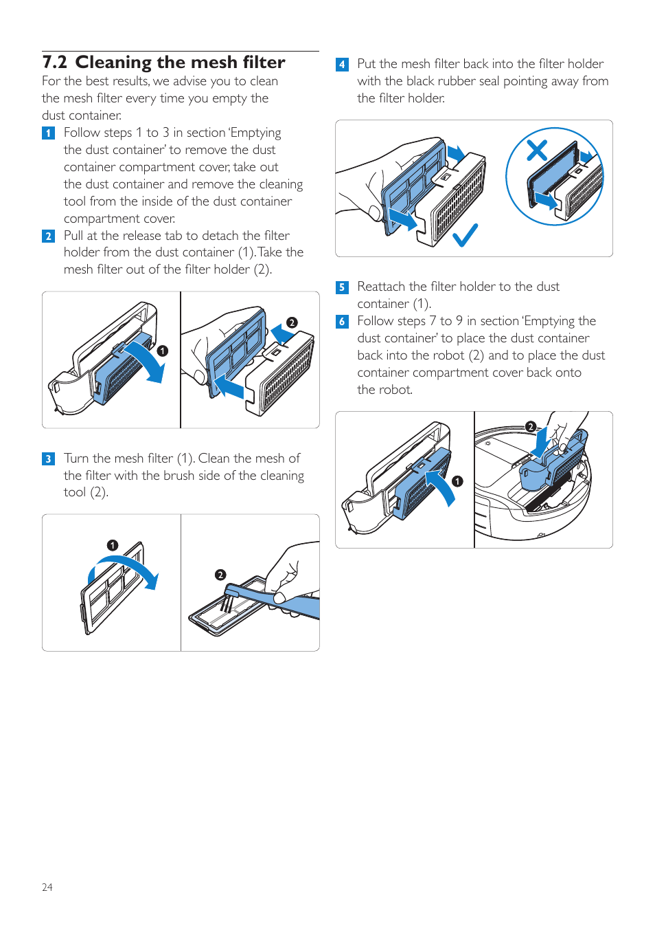 2 cleaning the mesh filter | Philips Aspirateur-robot User Manual | Page 24 / 262