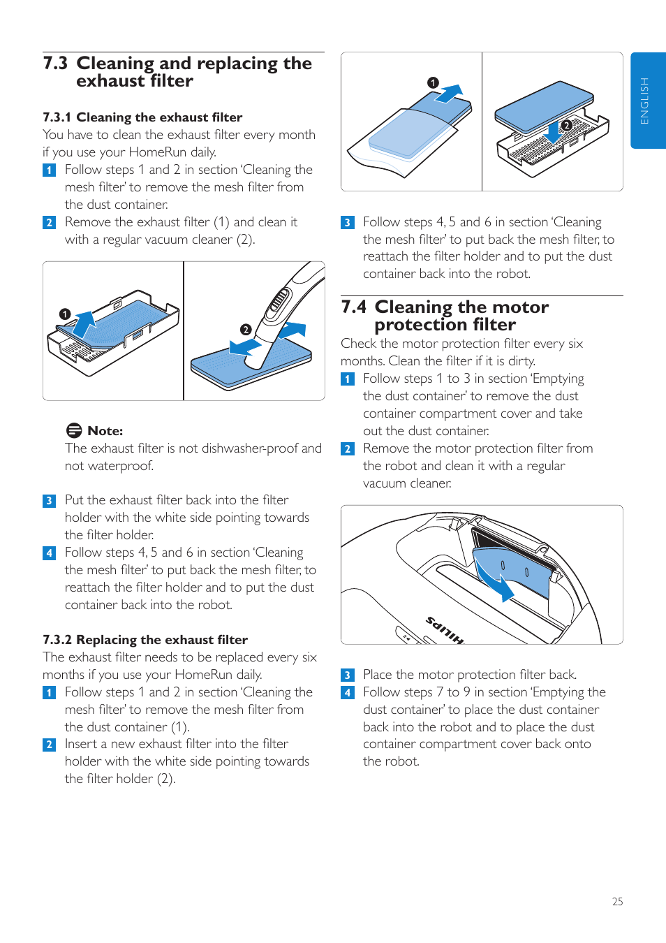 4 cleaning the motor protection filter, 3 cleaning and replacing the exhaust filter | Philips Aspirateur-robot User Manual | Page 25 / 262