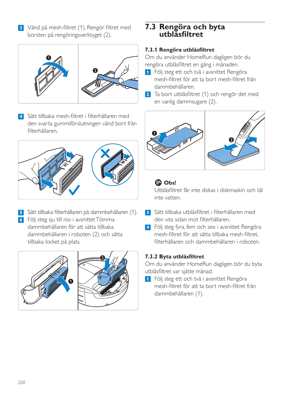 3 rengöra och byta utblåsfiltret | Philips Aspirateur-robot User Manual | Page 250 / 262