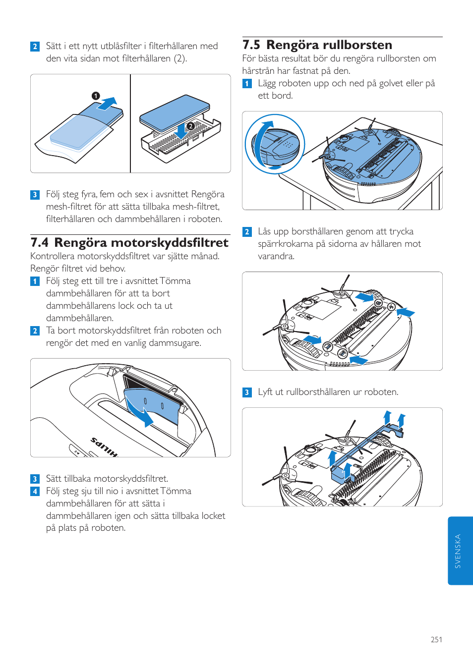 5 rengöra rullborsten, 4 rengöra motorskyddsfiltret | Philips Aspirateur-robot User Manual | Page 251 / 262