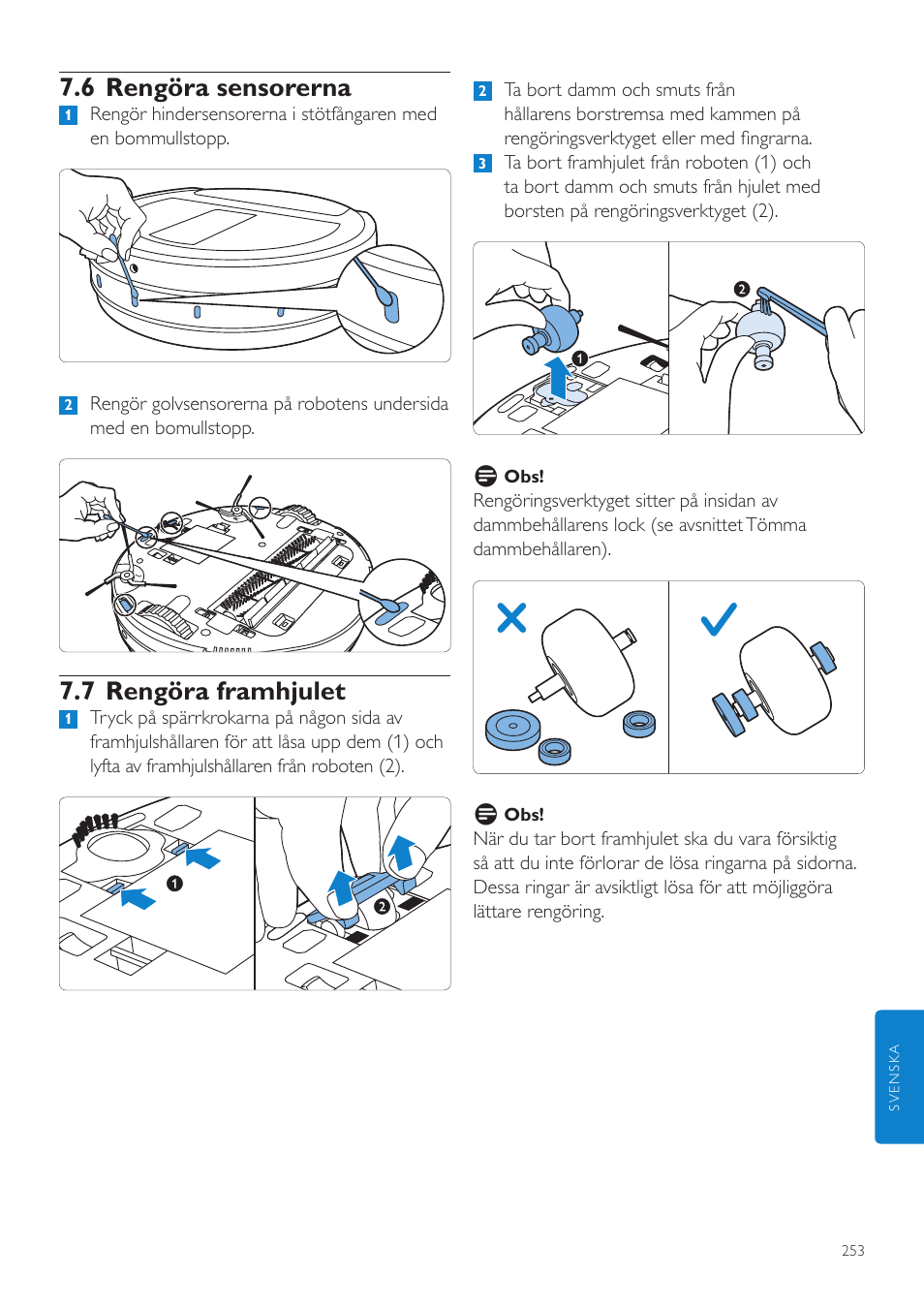 6 rengöra sensorerna, 7 rengöra framhjulet | Philips Aspirateur-robot User Manual | Page 253 / 262