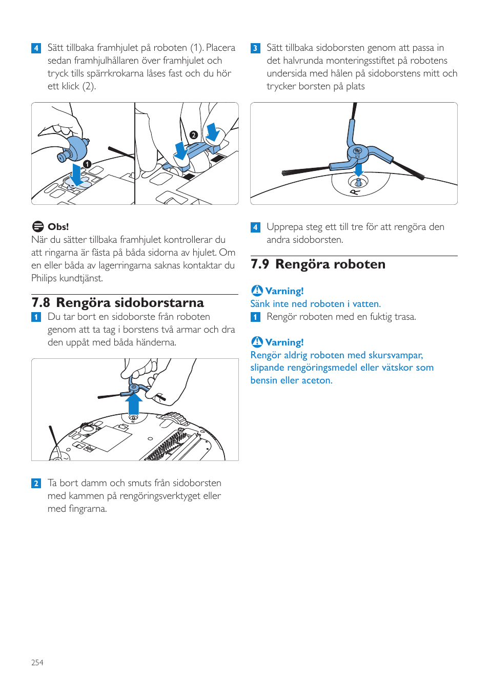 9 rengöra roboten, 8 rengöra sidoborstarna | Philips Aspirateur-robot User Manual | Page 254 / 262