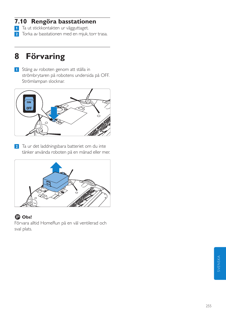 8 förvaring, 10 rengöra basstationen | Philips Aspirateur-robot User Manual | Page 255 / 262