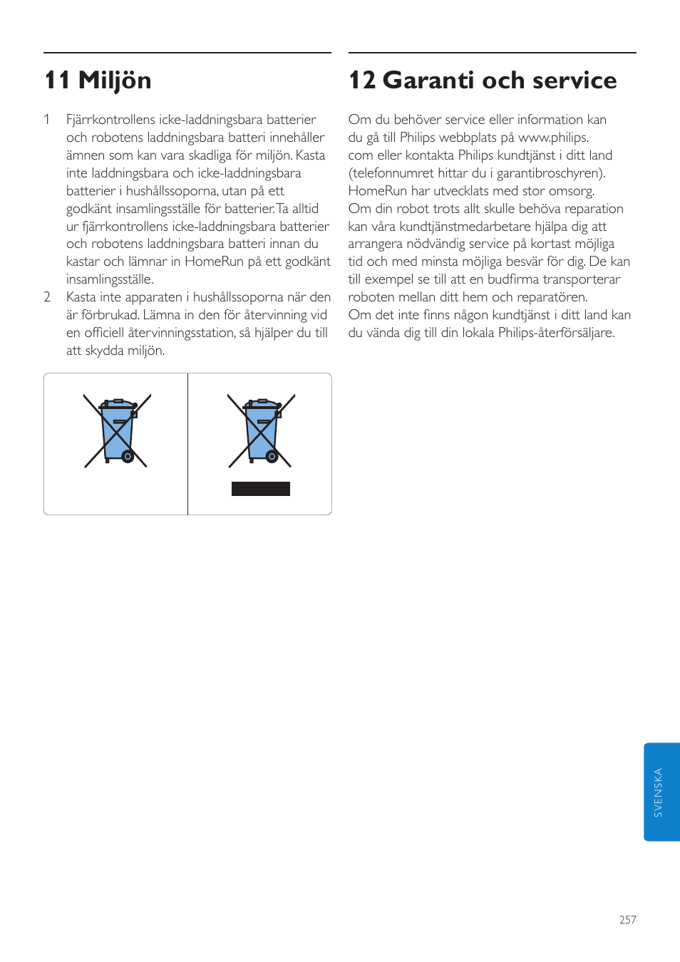 11 miljön, 12 garanti och service | Philips Aspirateur-robot User Manual | Page 257 / 262