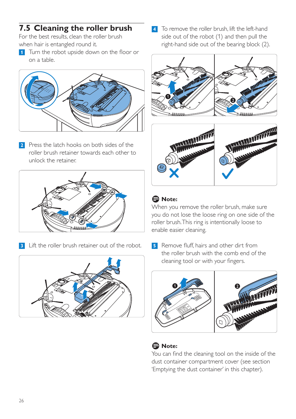 5 cleaning the roller brush | Philips Aspirateur-robot User Manual | Page 26 / 262