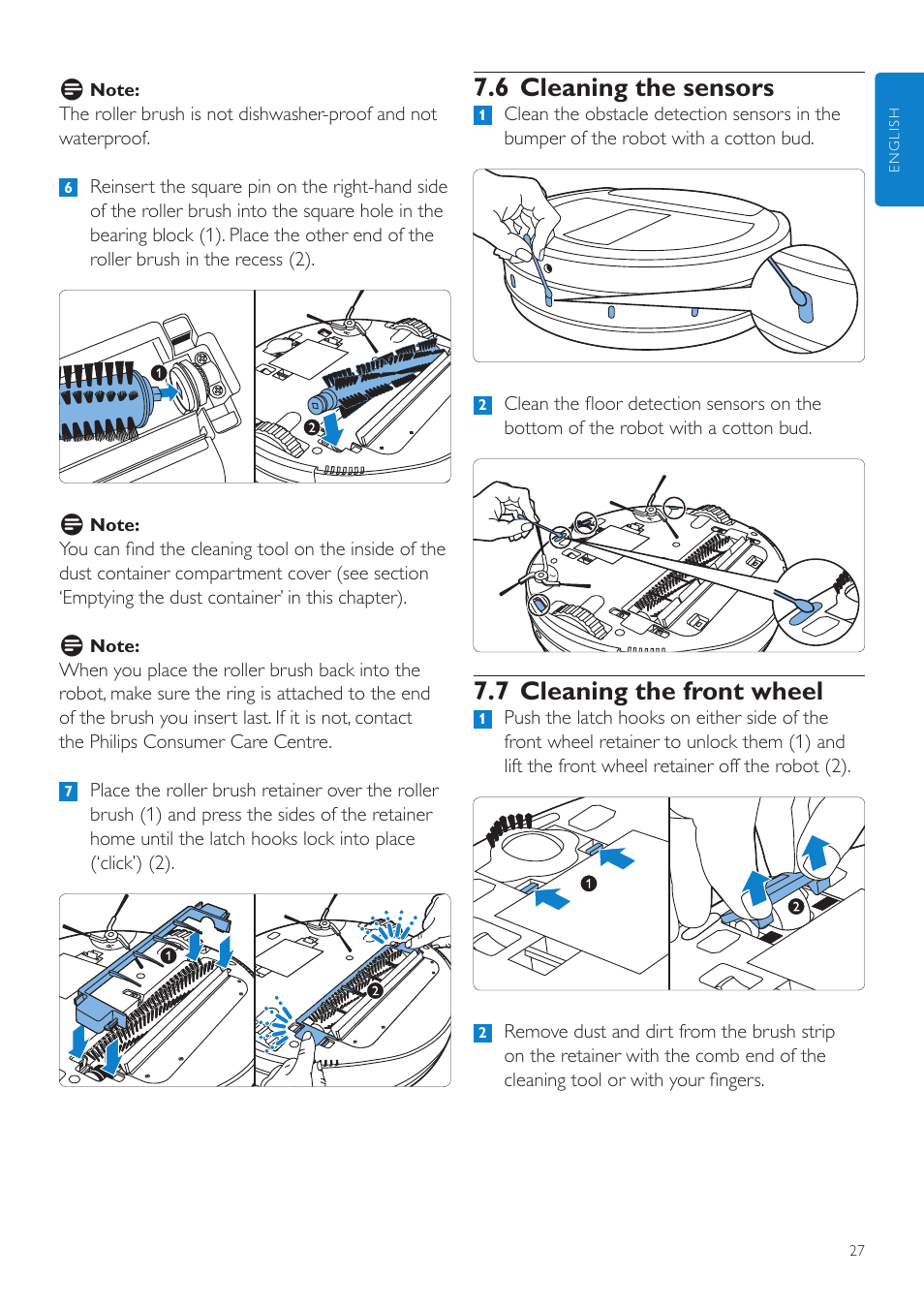 6 cleaning the sensors, 7 cleaning the front wheel | Philips Aspirateur-robot User Manual | Page 27 / 262