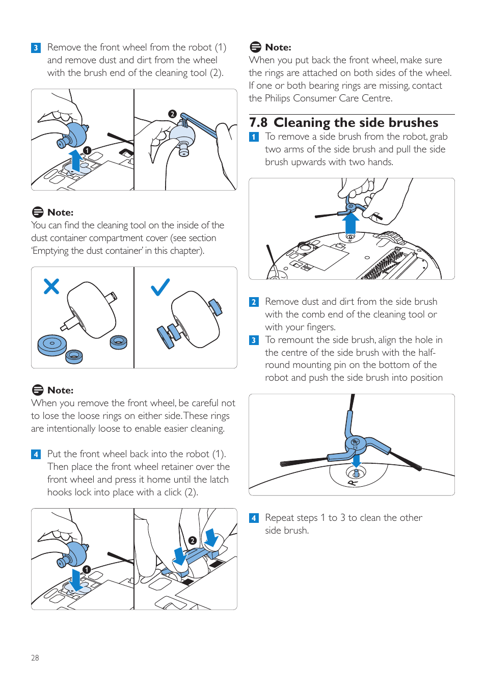 8 cleaning the side brushes | Philips Aspirateur-robot User Manual | Page 28 / 262