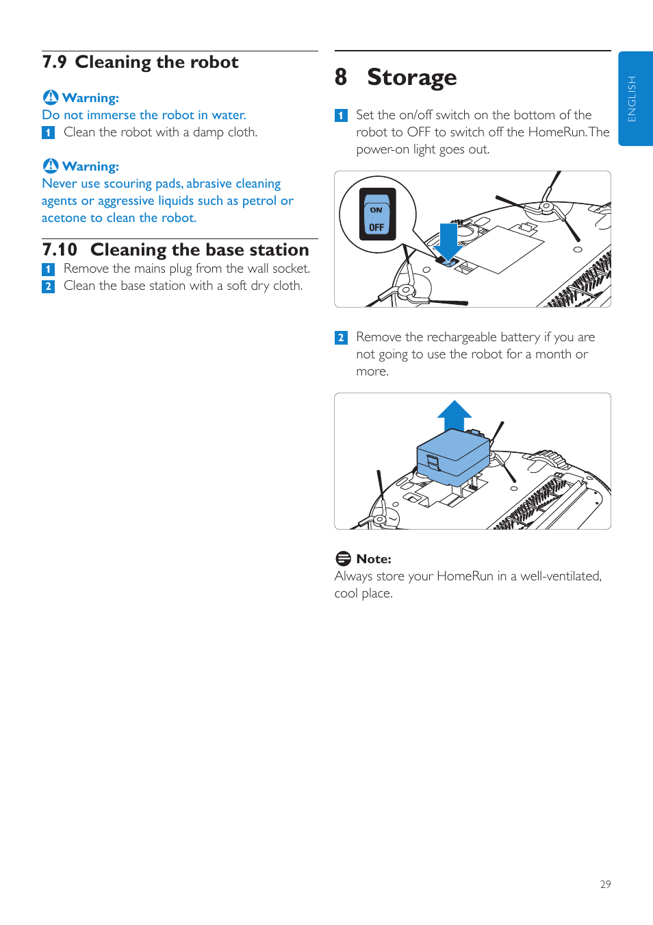 8 storage, 9 cleaning the robot, 10 cleaning the base station | Philips Aspirateur-robot User Manual | Page 29 / 262