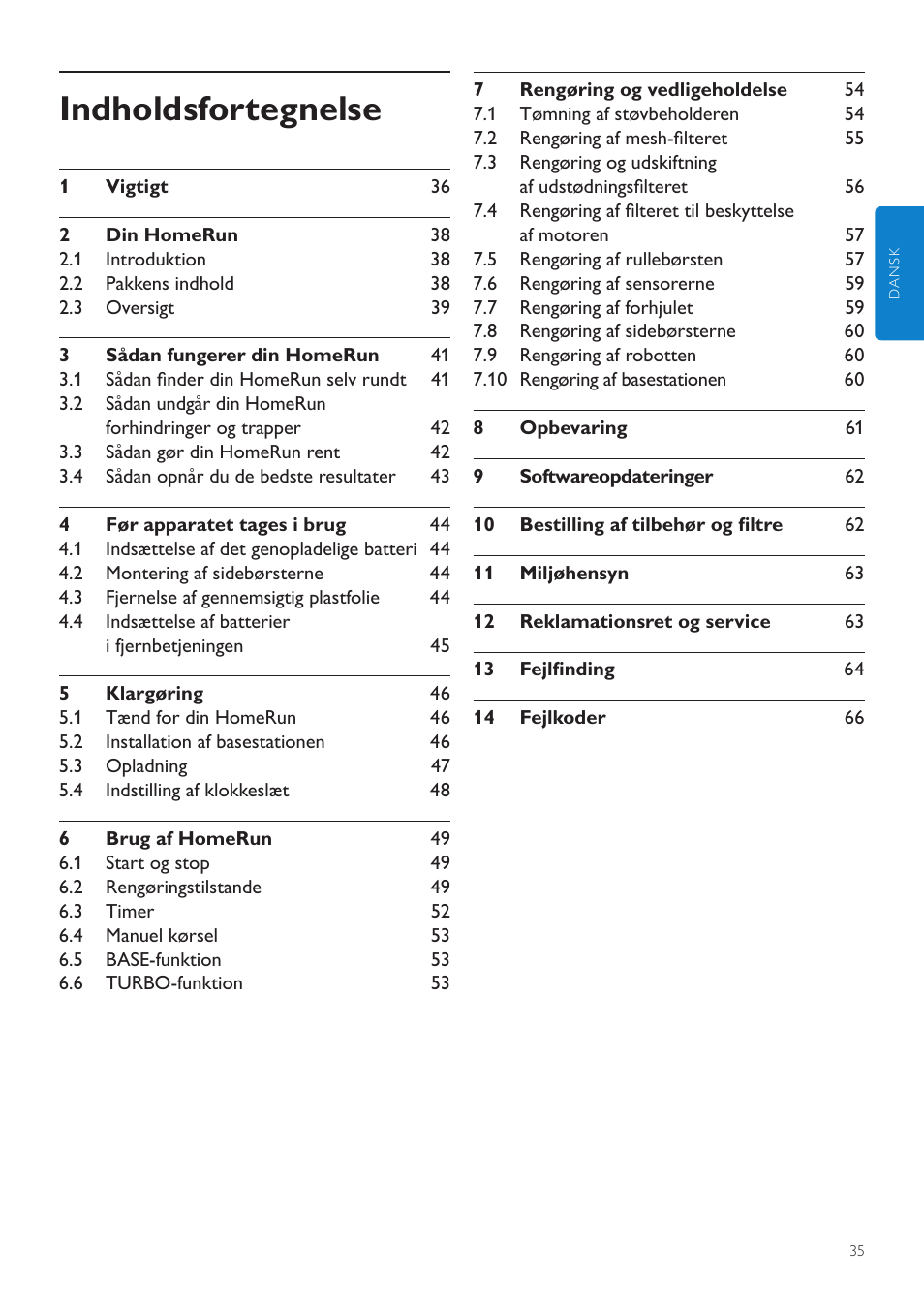 Dansk, Indholdsfortegnelse | Philips Aspirateur-robot User Manual | Page 35 / 262