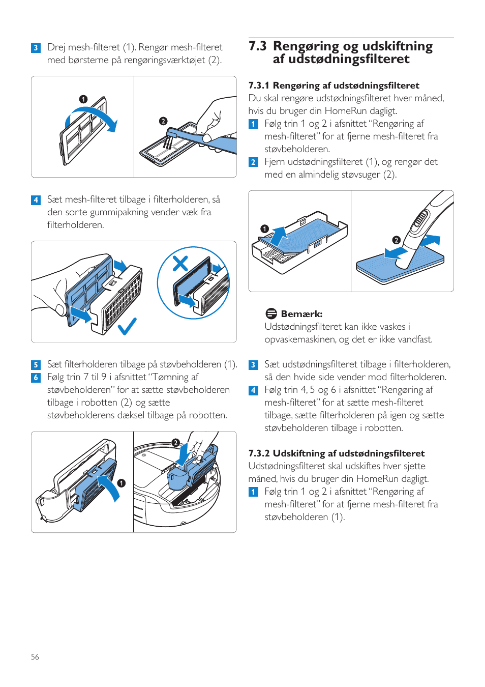 3 rengøring og udskiftning af udstødningsfilteret | Philips Aspirateur-robot User Manual | Page 56 / 262