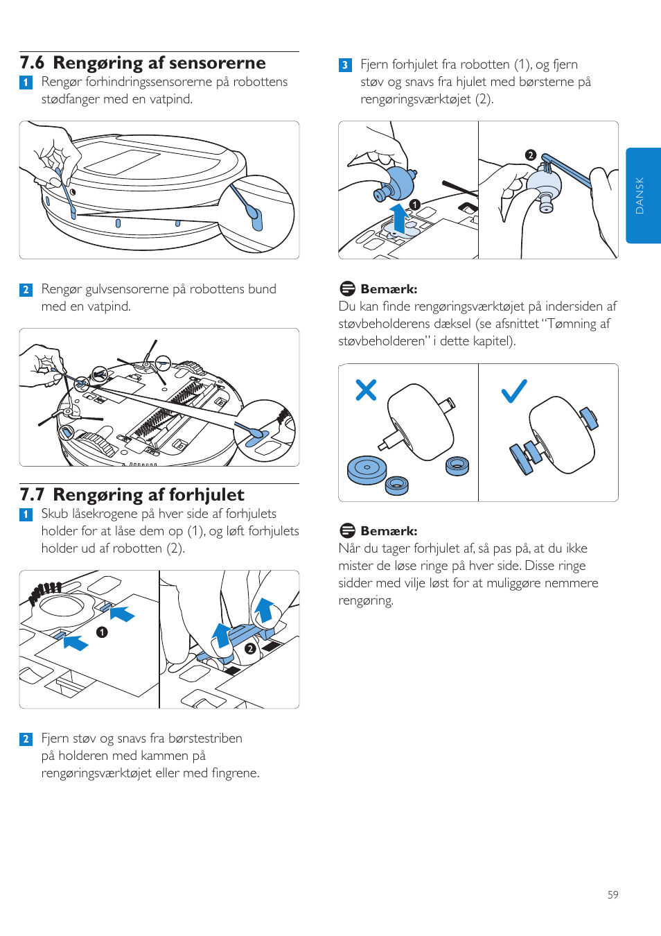 6 rengøring af sensorerne, 7 rengøring af forhjulet | Philips Aspirateur-robot User Manual | Page 59 / 262