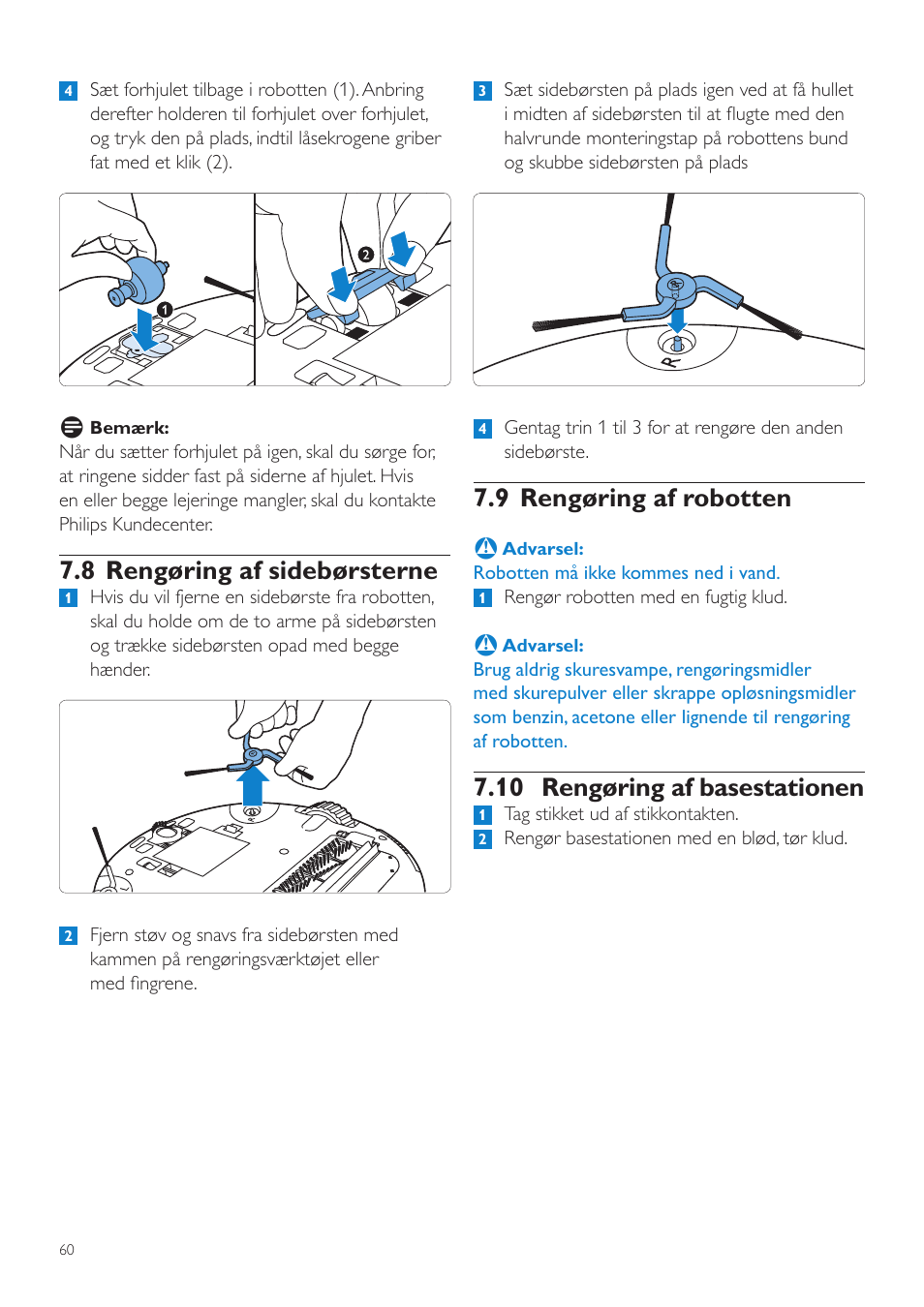 9 rengøring af robotten, 10 rengøring af basestationen, 8 rengøring af sidebørsterne | Philips Aspirateur-robot User Manual | Page 60 / 262