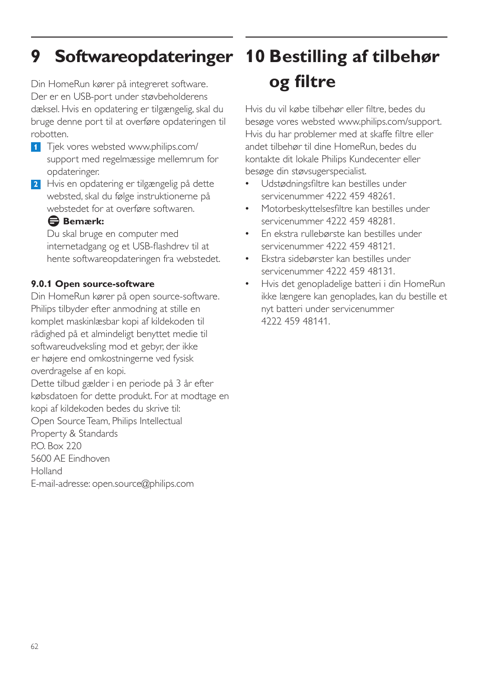9 softwareopdateringer, 10 bestilling af tilbehør og filtre | Philips Aspirateur-robot User Manual | Page 62 / 262