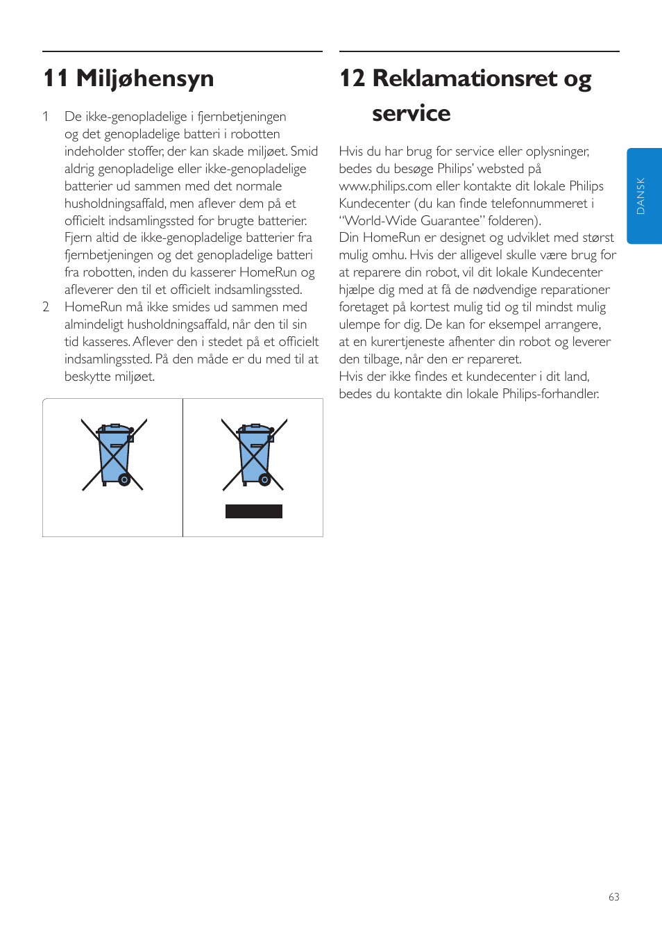 12 reklamationsret og service, 11 miljøhensyn | Philips Aspirateur-robot User Manual | Page 63 / 262