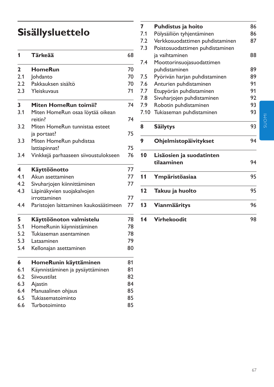 Suomi, Sisällysluettelo | Philips Aspirateur-robot User Manual | Page 67 / 262