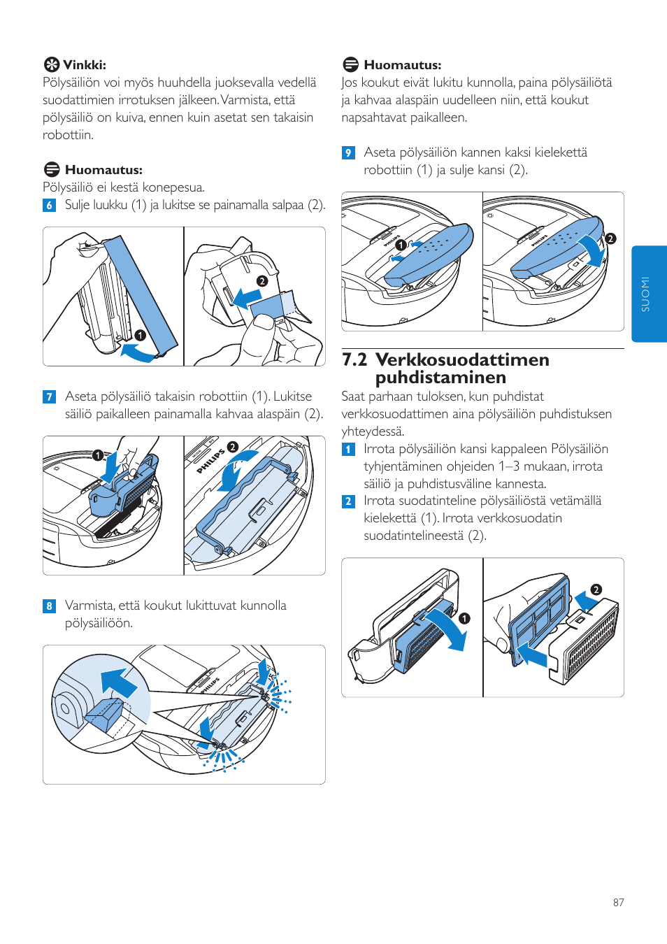 2 verkkosuodattimen puhdistaminen | Philips Aspirateur-robot User Manual | Page 87 / 262