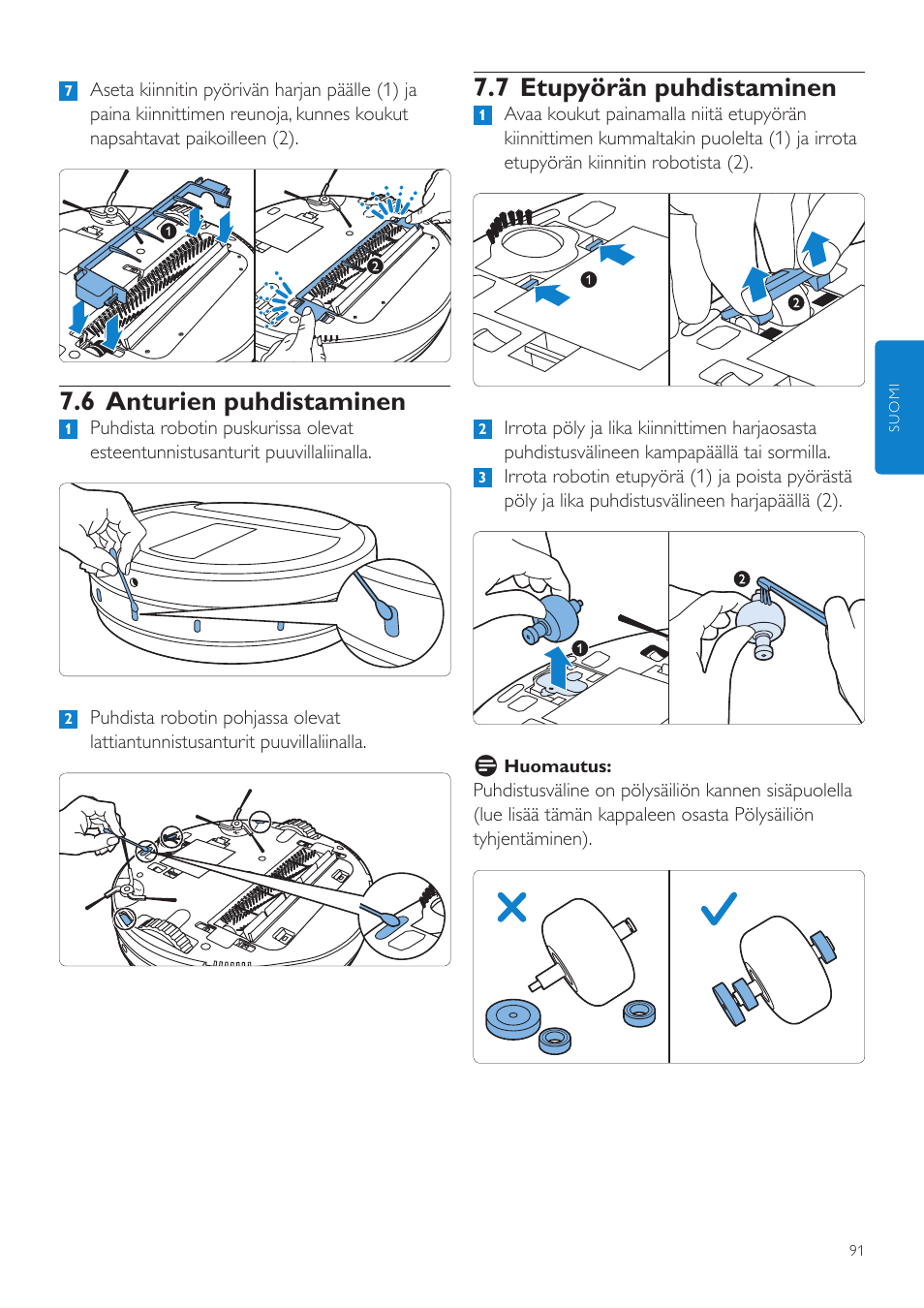 7 etupyörän puhdistaminen, 6 anturien puhdistaminen | Philips Aspirateur-robot User Manual | Page 91 / 262