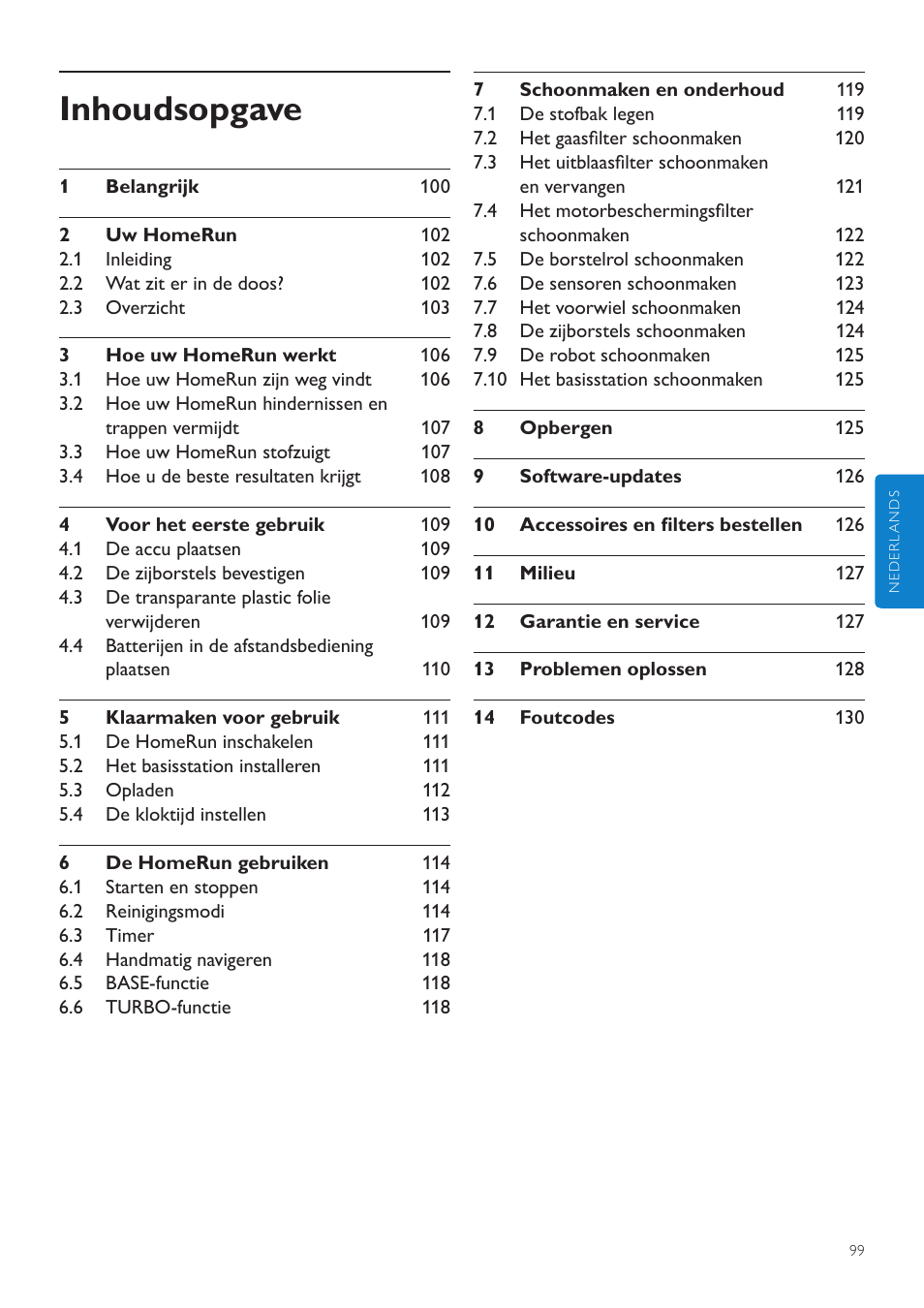 Nederlands, Inhoudsopgave | Philips Aspirateur-robot User Manual | Page 99 / 262