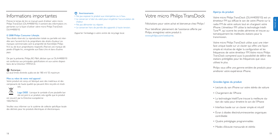 Votre micro philipstransdock, Informations importantes | Philips TransDock micro User Manual | Page 10 / 107